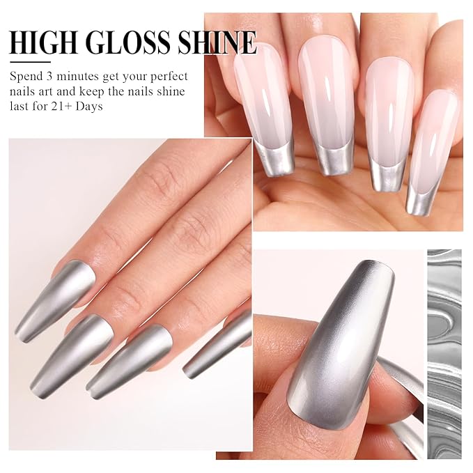 Imtiti Chrome Gel Nail Polish, 15ML Silver Metallic Gel Nail Polish with Metal Mirror Effect - Soak Off UV LED DIY Nail Art Salon Manicure