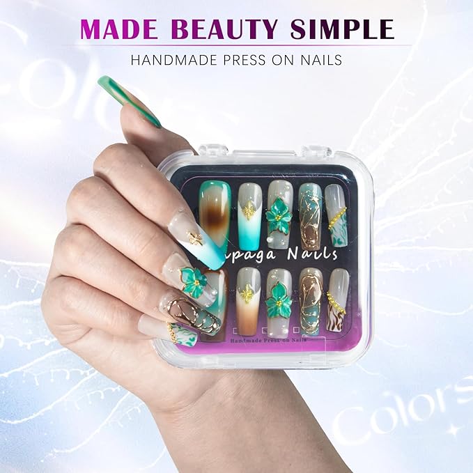 Coffin Handmade Square Press on Nails with Charms – Ombre French Tip 3D Rhinestones Flower Cross Design 100% Artisan-Crafted Reusable Stick on Fake Nails (Size S)