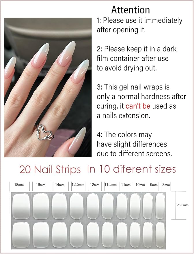 UV Gel Nail Stickers, Milky Ombre 20pcs Semi Cured Gel Nail Strips, Wraps for Home Manicure DIY