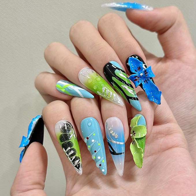 Thick Press on Nails Handmade Nails Long Almond Fake Nails with Glue,Blue Tropical Flower Art False Nails with Water Droplet Pattern Designs Reusable Nature Stick on Nail for Wome (Size M)