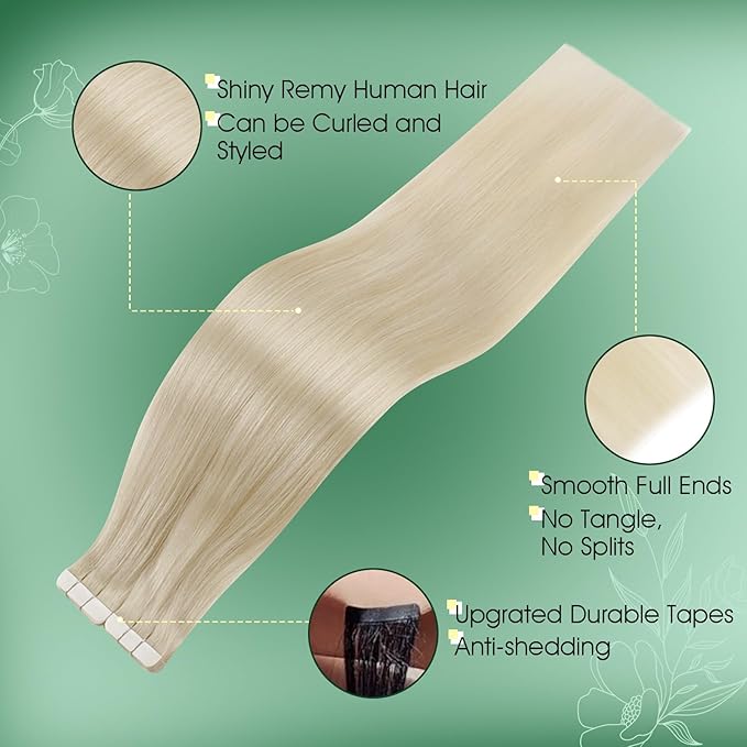 RUNATURE Blonde Tape in Hair Extensions Human Hair, 14 Inch 20Pcs 40G, Tape Ins Hair Extensions Remy Soft Straight Hair, Heat Resistant, Easy to Apply #60