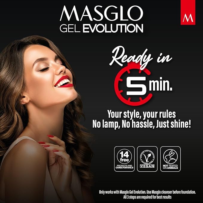 MASGLO Gel Evolution – Nail Polish No UV/LED Lamp Needed, Fast-Drying, 12-Day Wear, 14-Free Formula, High-Gloss Finish, vegan (0.5 oz)
