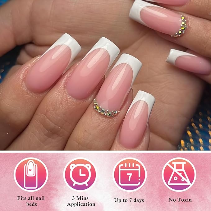 AddFavor 120pcs White French Tip Press on Nails Long Square Fake Nails Nude False Nails XL Long Tapered Square French Press ons Nail Acrylic Artificial Nail with Adhesive Tab for Women Girls