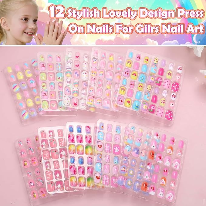 288 Pieces Kids Nails Press ons for Girls, Acejoz Fake Nail Set Pre Glue Stick on Short Nails for Children Little Girls 8-12