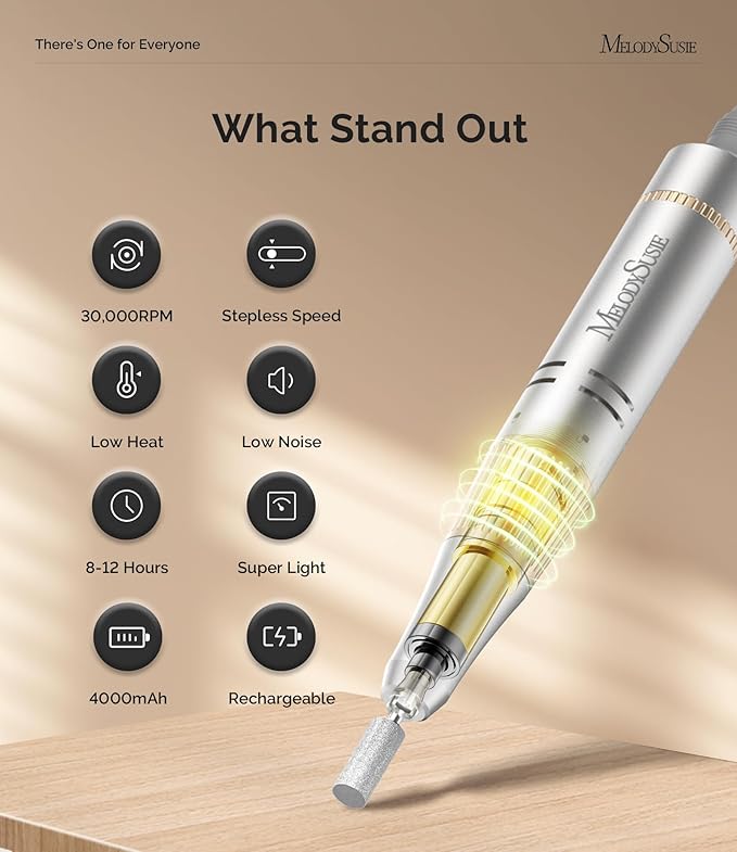 MelodySusie Entry-Level Clip-On Rechargeable Nail Drill, SC320F 30000RPM E-File with Pastel & Colorful Design for Manicure Shaping & Gel Removal, Ideal for Training, Nail Art Practice & Home Use.