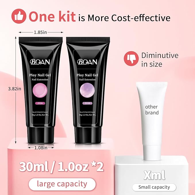 BQAN Poly Nail Gel, 2 Jelly Colors Poly Extension Gel (30ml) with Slip Solution & Brush | Non-Lifting Low Odor | for Nail Builder Pro Salon & Home DIY - Jelly Pinkish Purple, 1 Oz/Pack (Pack of 2)