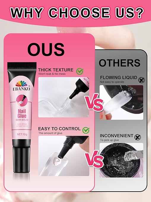 3PCS Quick Drying Solid Nail Glue for Press ons, EBANKU 30g Super Strong Glue Semi Solid Nail Gel Long Lasting Gel (No UV Lamp Needed)