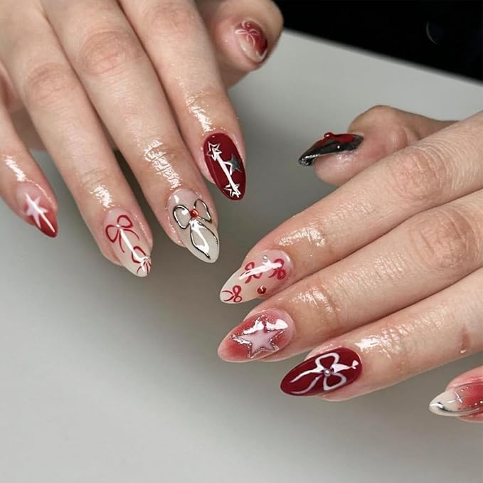 Ombre Red Press on Nails Medium Almond Fake Nails with Pearl Bow Charm Design Silver Star False Nails Glossy Summer Glue on Nails Reusable Full Cover Handmade Stick on Nails for Women Manicure 24Pcs