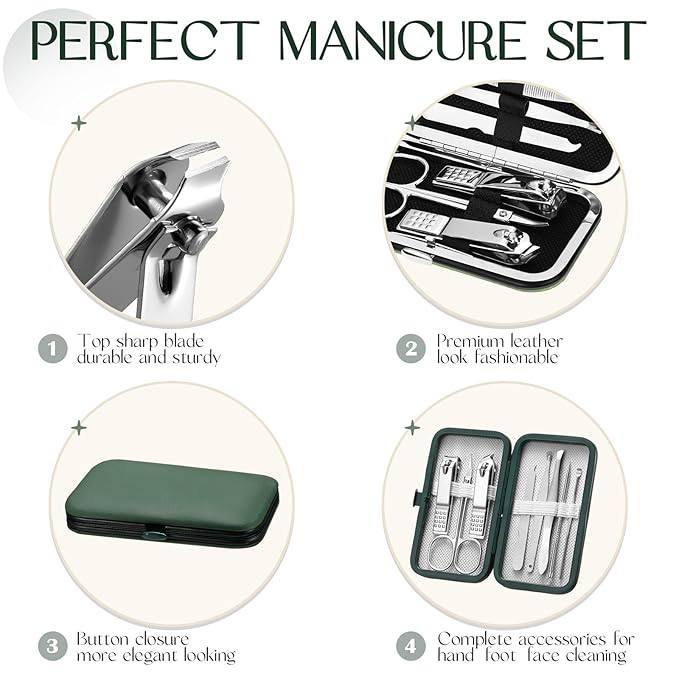 Geosar 12 Sets Manicure Set Nail Clippers Pedicure Kit 8 in 1 Grooming Stainless Steel Kits Nail Care Tools with Travel Case for Employee Coworker Teachers Nurse Gifts(Green)