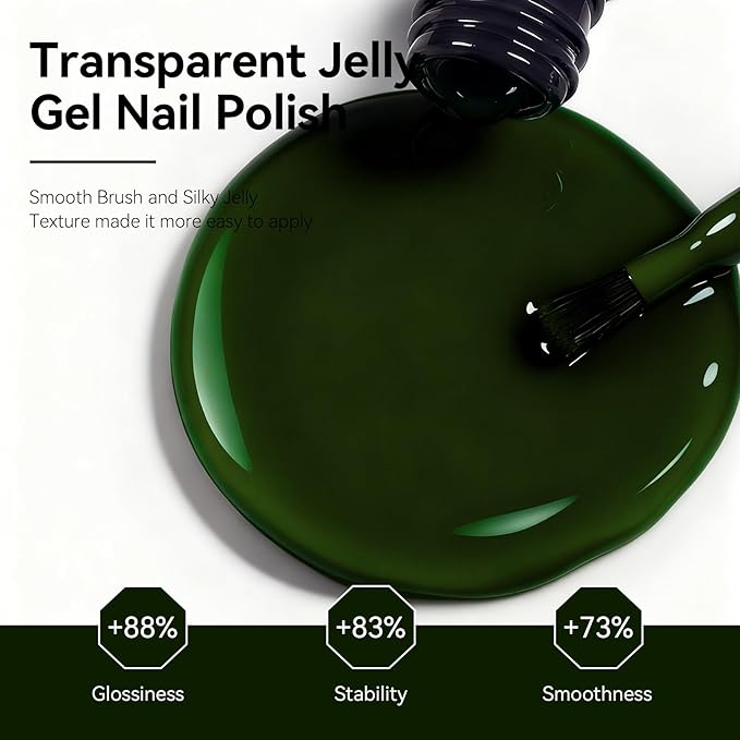 MEGIOR Moss Green Jelly Gel Nail Polish 0.5 Fl Oz Neutral Transparent Green Colors Soak Off UV LED Lamp Light Cure Gel Polish Kit for Salon and Nail Art Starter Manicure DIY at Home