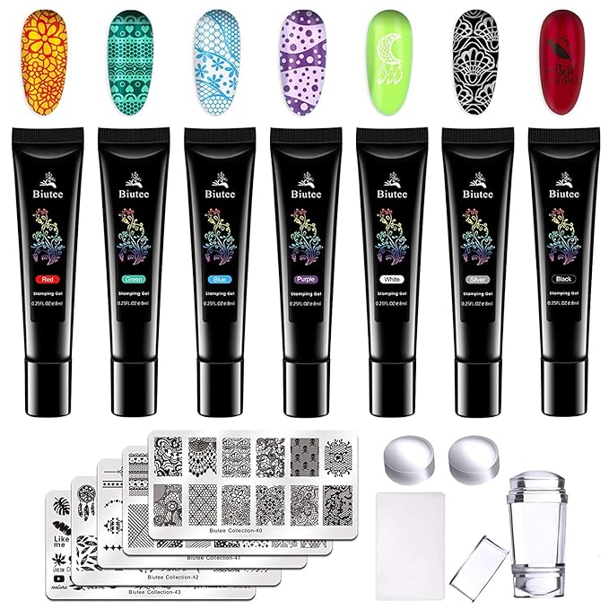 SEISSO 7 Colors Nail Stamping Polish Gel Nail Stamper Kit with 5 Pcs Nail Stamping Plates for Nails Art Stamp Beginners Kitiy