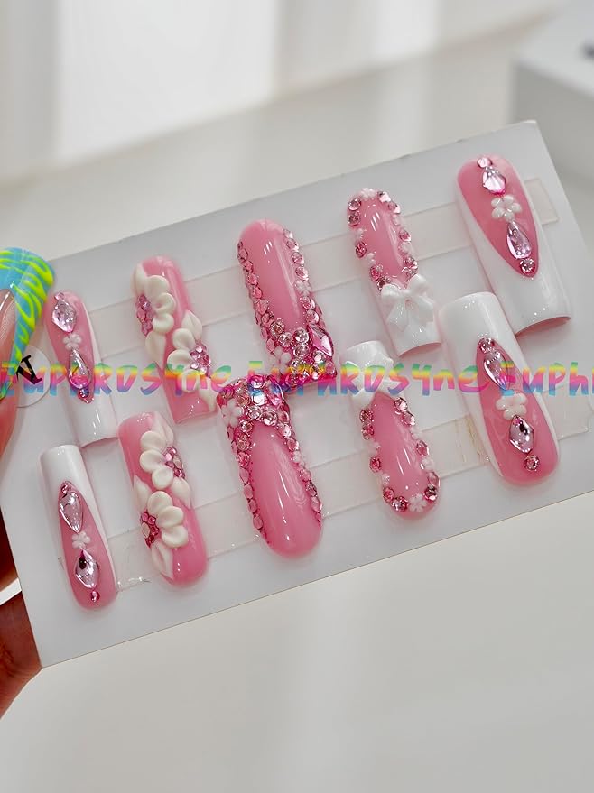 10PCS Pink Glitter Press On Nails – Long Coffin Fake Nails with 3D Flowers, Rhinestones & Scalloped Edge Design, Glossy Reusable Sparkly Nails for Women and Girls – Euphrosyne