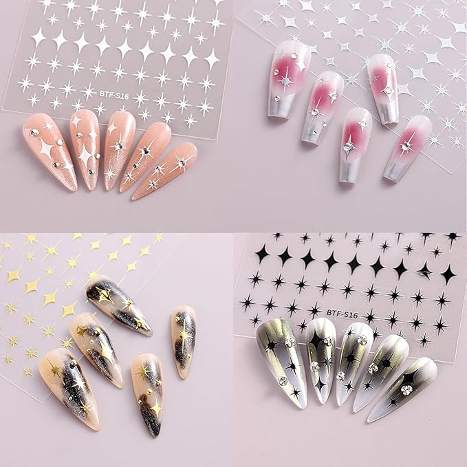 9 Sheets Star Sun Moon Nail Stickers Decals 3D Self-Adhesive Pegatinas Uñas Silver Nail Stickers Holographic Gold Black Heart Nail Supplies for Women Girls DIY Nail Art Design Decoration Accessories