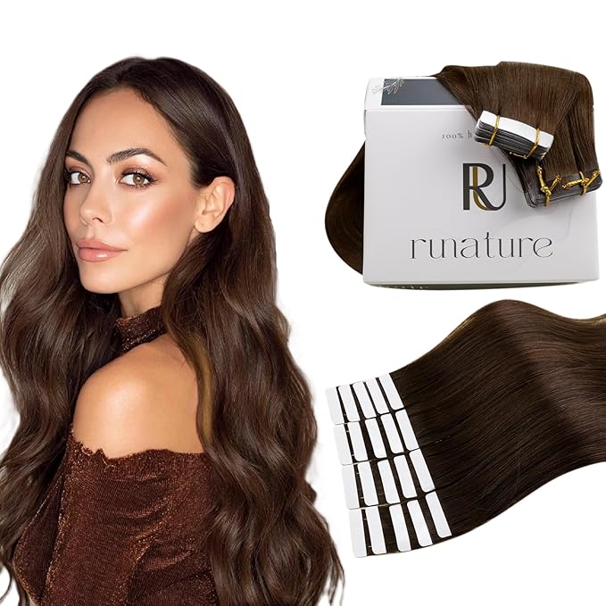 RUNATURE 30 Inch Tape in Hair Extensions Human Hair, Chocolate Brown Human Hair Tape in Extensions for Long Hair, Add Hair Length, Soft Tangle-free Remy Hair, Easy to Apply, 50g 20pcs