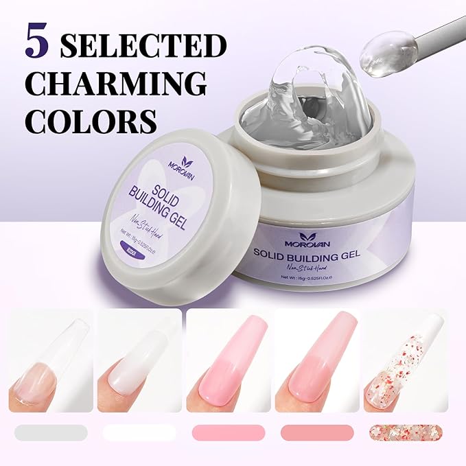 Morovan Solid Builder Gel Kit: 5 Color Series Builder Gel for Nails 3D Sculpting Carving Nail Art Non-Sticky Hard Gels for Nail Extension Manicure DIY at Home and Salon
