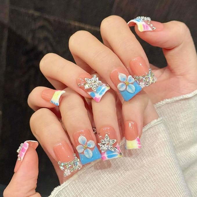 10Pcs Duck-shaped Handmade Press On Nails | French Style with 3D Floral & Rhinestone Decor | Easy to Apply, Remove & Reusable, Salon - Quality (251205, S)
