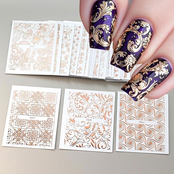 30 Sheets Lace Nail Art Stickers Decals 3D Self-Adhesive Rose Gold Nail Decals Retro Flower Designs Nail Supplies Summer Nail Decoration DIY Nails Accessories for Women