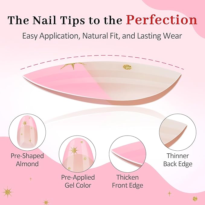 16 Sizes Press on Nails Kit for Kids - 32 Pieces French Almond Fake Nail Tips for Girls 8-12 Years Old with Jelly Nail Adhesives & No-Lamp Nail Glue, Birthday Christmas Gifts(Rose Pink French)