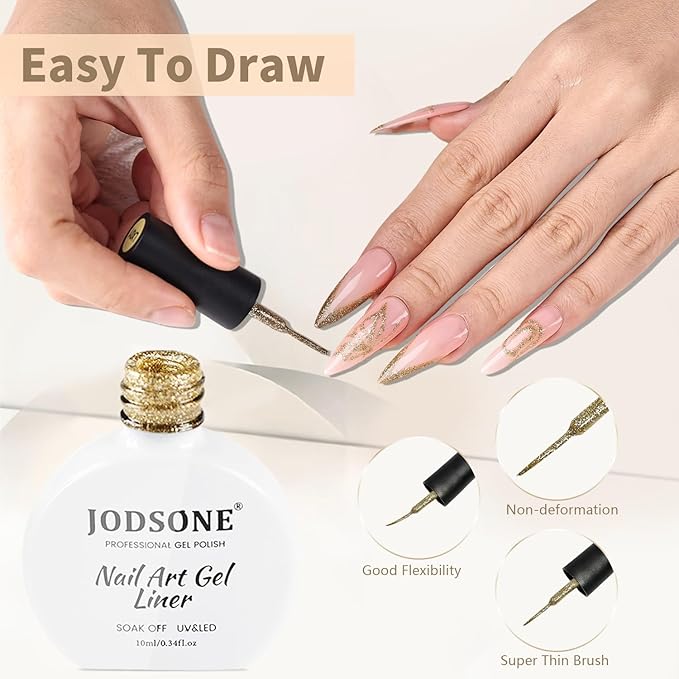 JODSONE Glitter Gold Swirl Nail Art Liner Gel Polish,10ml Classic Color 3D Nail Art Pens Effect Nail Print Design with Thin Brush for French Tips Manicure Painting DIY at Home - LX01