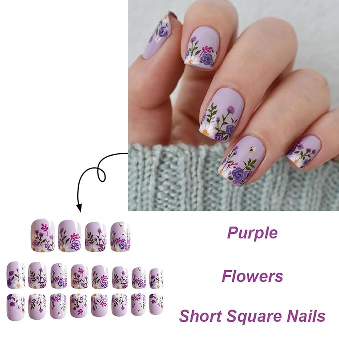 Short Press on Nails Square Fake Nails Purple Flower Bee Design Full Cover Acrylic Nails Press ons Purple Floral False Nails Cute Spring Summer Artificial Stick on Nails for Women Girls 24 Pcs