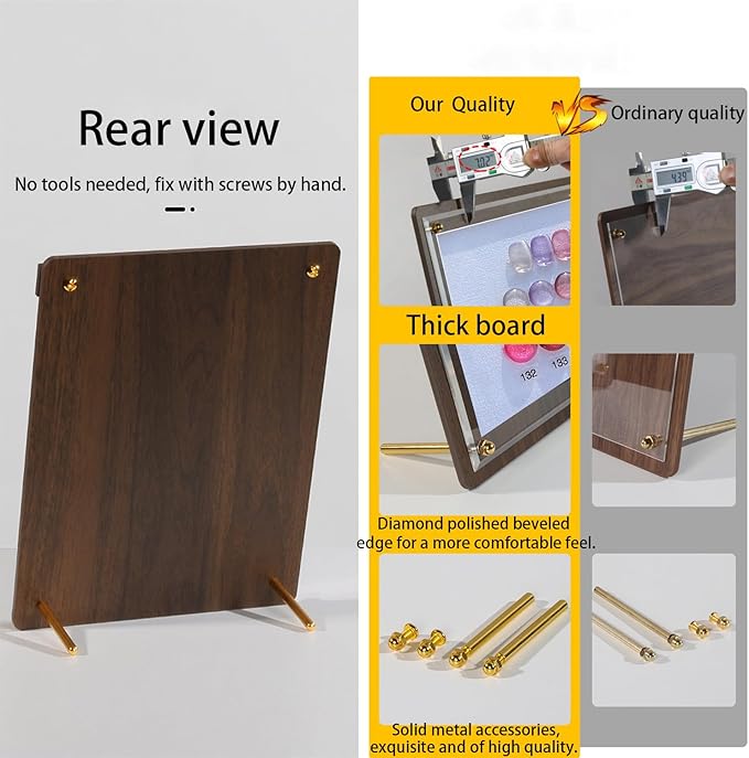 Acycoin2A Walnut Wood Nail Color Display Board Photo Frame Nail Polish Glue Template Color Card with False Nail Tips and Number Sticker