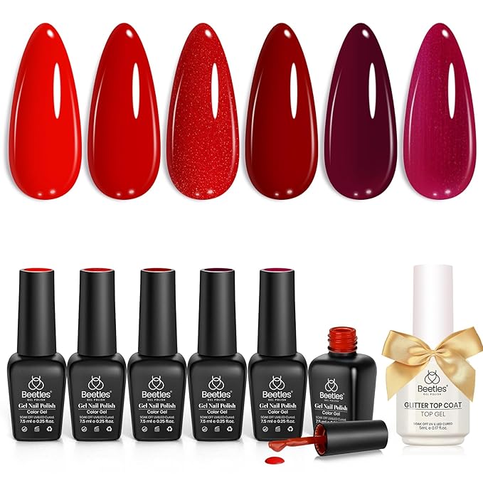 Beetles Red Gel Nail Polish Set with Top Coat, Gel Polish 6 Colors Popular Shimmer Red Burgundy Nail Art Design Soak Off Uv LED Minicure DIY Home Gifts for Women