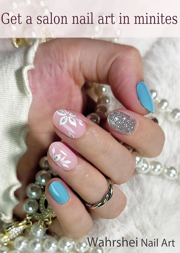 UV Gel Nail Stickers, Blue Glitter Flower 30pcs Semi Cured Gel Nail Strips, Wraps for Home Manicure DIY