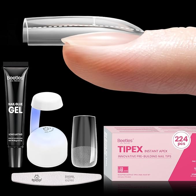 Beetles Tipex Nail Tips Kit Square Medium, 224Pcs 16 Sizes,Pre-building Pre-Etched Strong Thicker Acrylic Tips with Mini U V Lamp Tipex Nail Glue