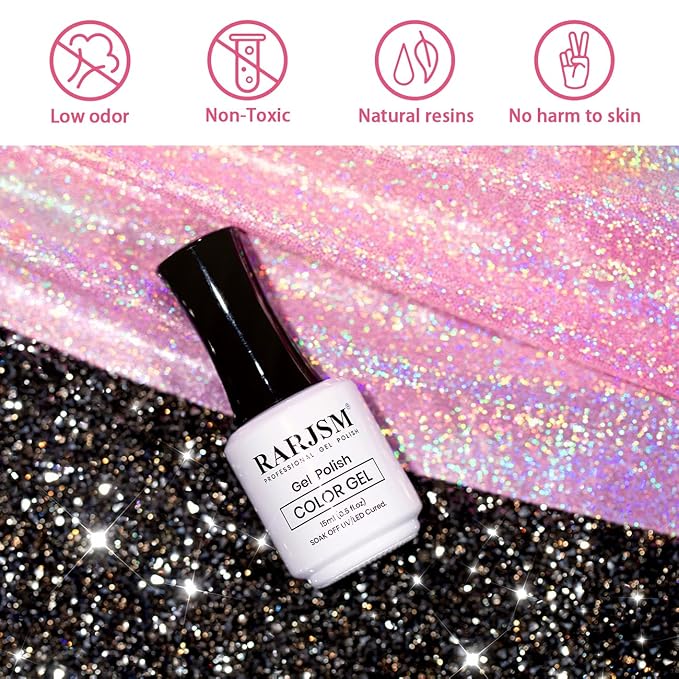 RARJSM Reflective Glitter Gel Nail Polish Nude Hot Pink Sheer Jelly Gel Polish Flash Diamond Sparkle Rainbow Silver Shimmer Pigments Soak off Curing Requires 15ml Single Bottle for Home Salon