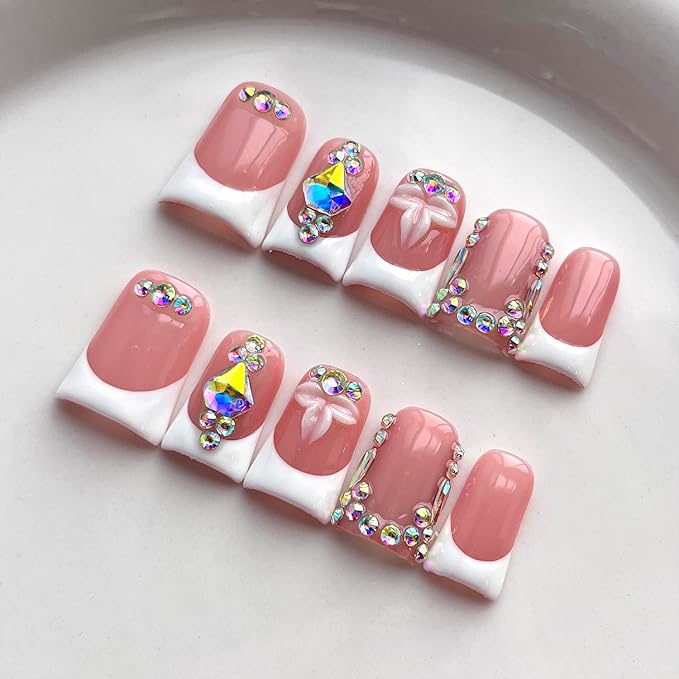 French Tip Press on Nails Handmade Short Duck 3D Flower Thick Acrylic Nails Elegant False Nails with Rhinestones Designs Wedding Glossy Fake Nail White Sturdy Art Press on Nail 10Pcs(S)