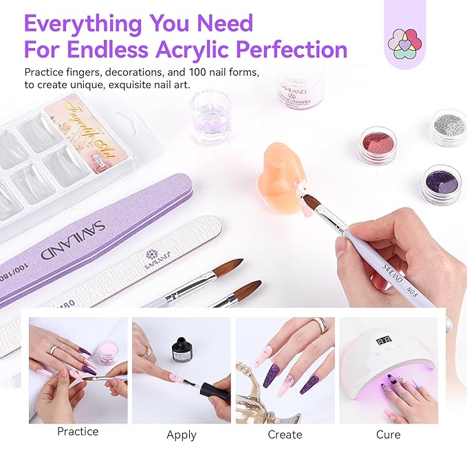 SAVILAND Essentials All-In-1 Acrylic Nail Kit with Drill: Nourishing Nail Kit for Beginners with Everything Clear White Pink Acrylic Powder Liquid Set 88W Nail Lamp Gel Nail Polish For Home DIY