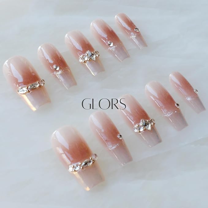 Long Ballerina Press-on Nails, Pink French Style with Rhinestones, Coffin Shape, Handmade False Nail 10 Pieces (Small,LB)