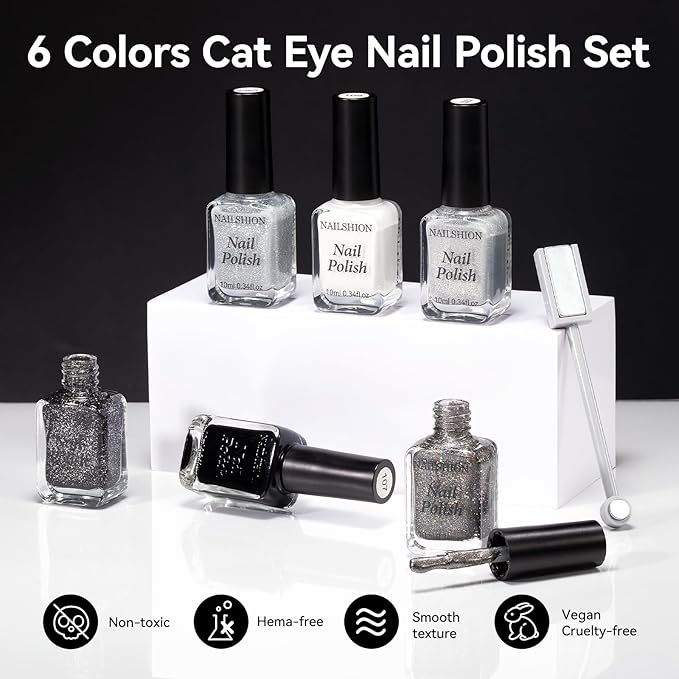 Nail Polish Set 6 Colors Black White Silver Gray Sparkle Cat Eye Glitter Shimmer Nail Polish Kit with Magnet, Quick Air Dry Non Gel, Nail Art DIY Home Travel Manicure Gift for Women Girls