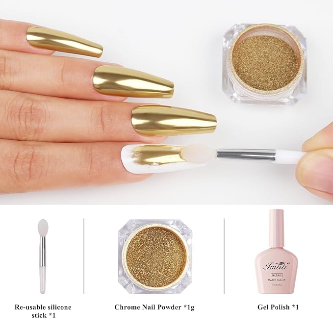 Imtiti Gold Chrome Nail Powder Kit,1g Gold Meatllic Mirror Effect Powder with 10ml White Color Gel Polish Metal Nail UV DIY Kit