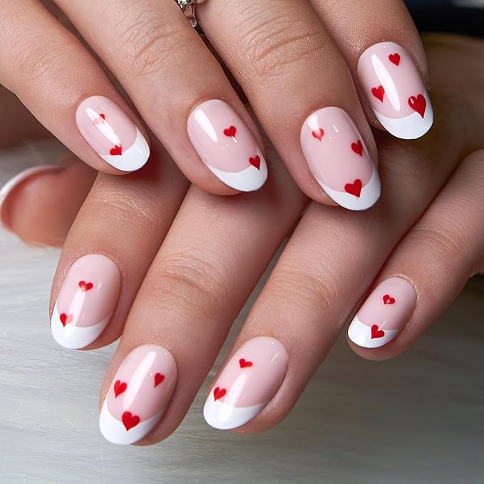 CurvLife Short Oval Press on Nails, Pink Heart French Tip Fake Nails, Reusable Soft Gel Glue-on Nails with Adhesive Tabs, Salon Quality for Women Girls