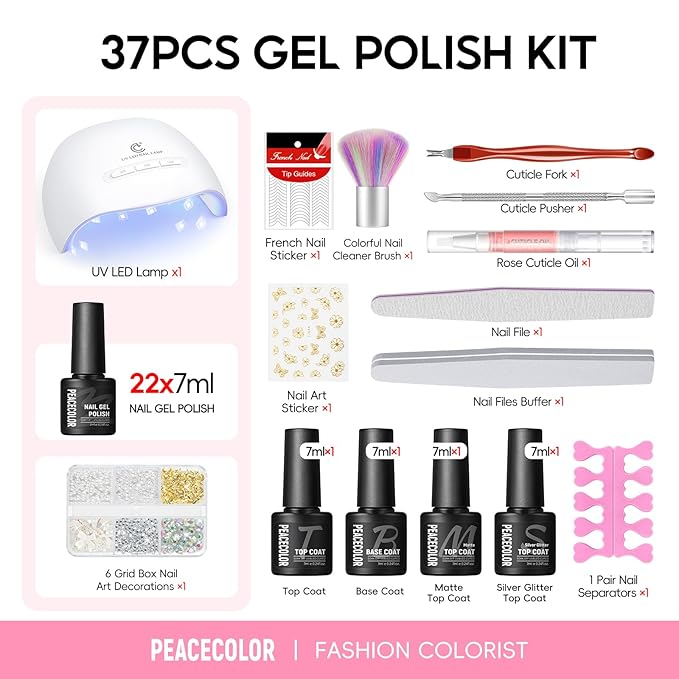PEACECOLOR Gel Nail Polish Kit with U V Light - 37Pcs Gel Polish Set 22 Colors All Season Gel Nail Starter Kit with Base Matte & Glossy Top Coat Soak Off Nail Polish DIY Manicure Set for Women Girls