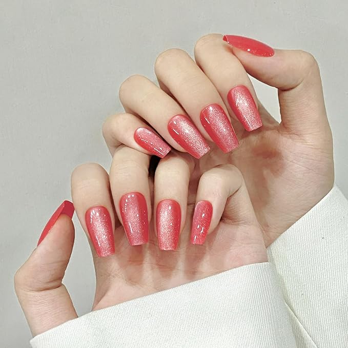 Skycloud Red Cat Eyes Press On Nails: 24-Pcs Soft Gel Medium Coffin Nails Kit, 12 Sizes, Reusable Stick Nails
