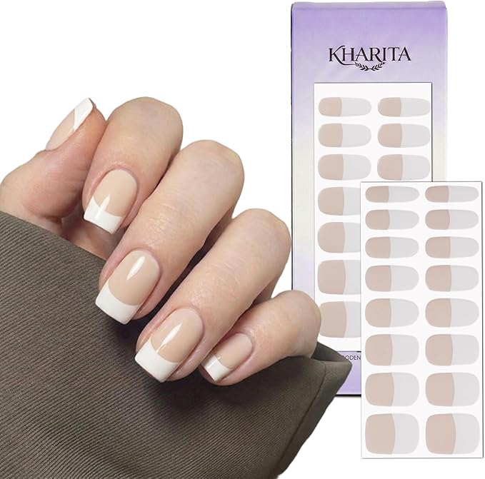Semi Cured Gel Nail Strips – Real Gel Nail Polish Wraps for Brittle Nails | Long Lasting Easy Peel-Off Removal | Hema-Free | Nude French Tip Salon Sticker Kit with File & Stick