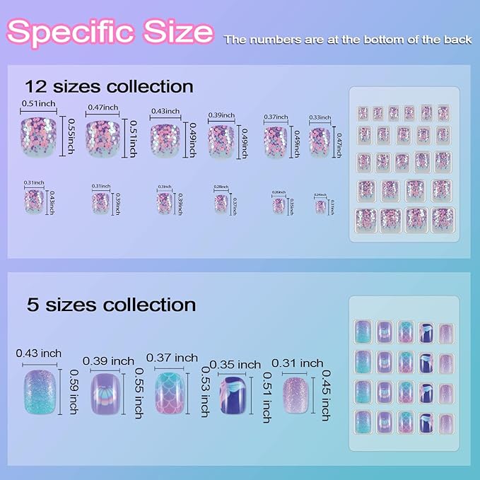 Allstarry 124 Pieces 6 pack Children Nails Press on Pre-glue Full Cover Blue Mermaid Short False Nail Kits Lovely Gift for Children Little Girls Nail Art Decoration (Glittering Ocean)
