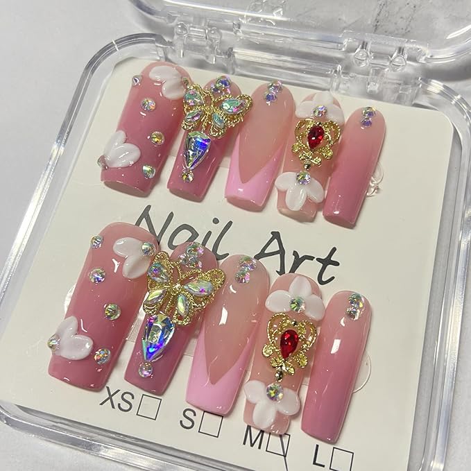 Handmade Press on Nails Flower Press on Nails Pink French False Nail 3D Rhinestones Butterfly Designs Long Coffin Fake Nails Full Cover False Nail Acrylic Nails for Women Art Manicure (Size M)