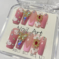 Handmade Press on Nails Flower Press on Nails Pink French False Nail 3D Rhinestones Butterfly Designs Long Coffin Fake Nails Full Cover False Nail Acrylic Nails for Women Art Manicure (Size M)