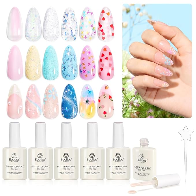 beetles Gel Polish 6Pcs Heart Star Reflective Glitter Gel Top Coat Set, Clear Pink Color Pastel Nail Polish No Wipe Top Coat Long Lasting Highly Shine Soak Off Uv Gel Art