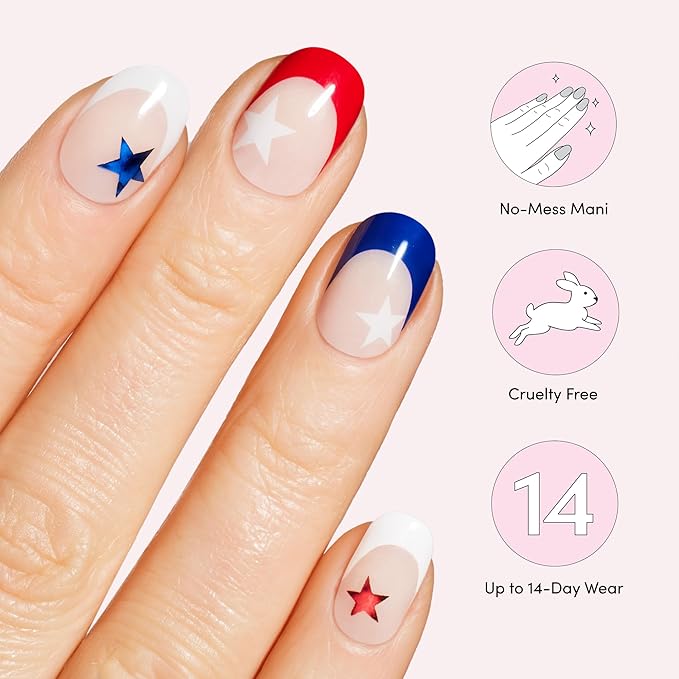 Dashing Diva Patriotic Gloss Nail Strips - All American - UV Free, Chip Resistant, Long Lasting Gel Nail Stickers - 3-Piece Manicure Set - Contains 32 Wraps, 1 Prep Pad, 1 File