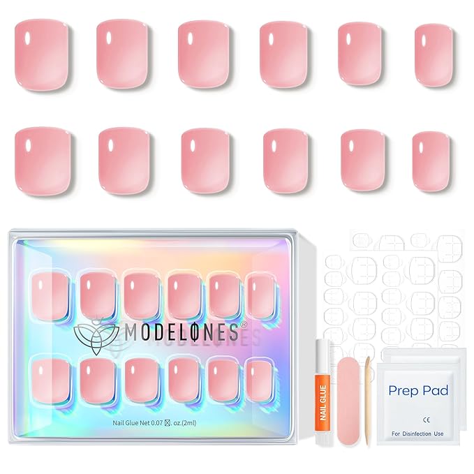 Modelones Extra Short Press on Nails, Peach Jelly Semi-Transparent Squoval Fake Nails, Reusable Nail Kit with Nail Glue Adhesive Tabs Mini Nail File, Nails Press Ons 32Pcs 16 Sizes, Women Girl Gift