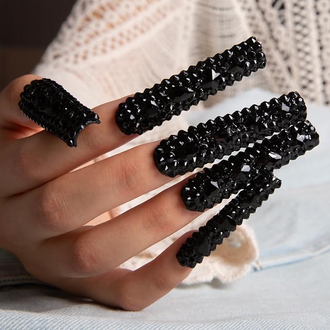 LOVFUL Press on Nails Classic Black Rhinestone| Handmade with Full Covered Crystals | Reusable Fake Nails | Square | H146-L, pink