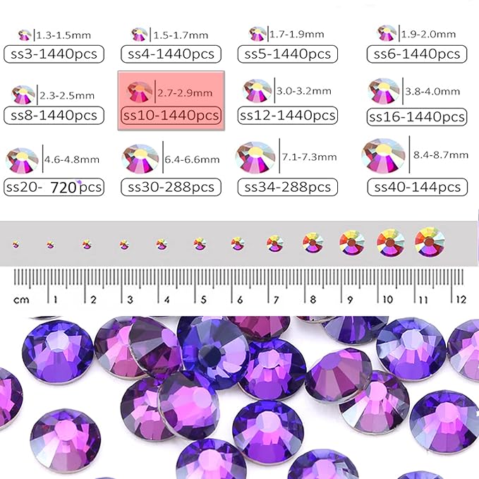 Dowarm 1440 SS10 Flatback Rhinestones, 2.8MM Non Hotfix Rhinestones for Crafts, Dance Costumes (Purple Velvet)