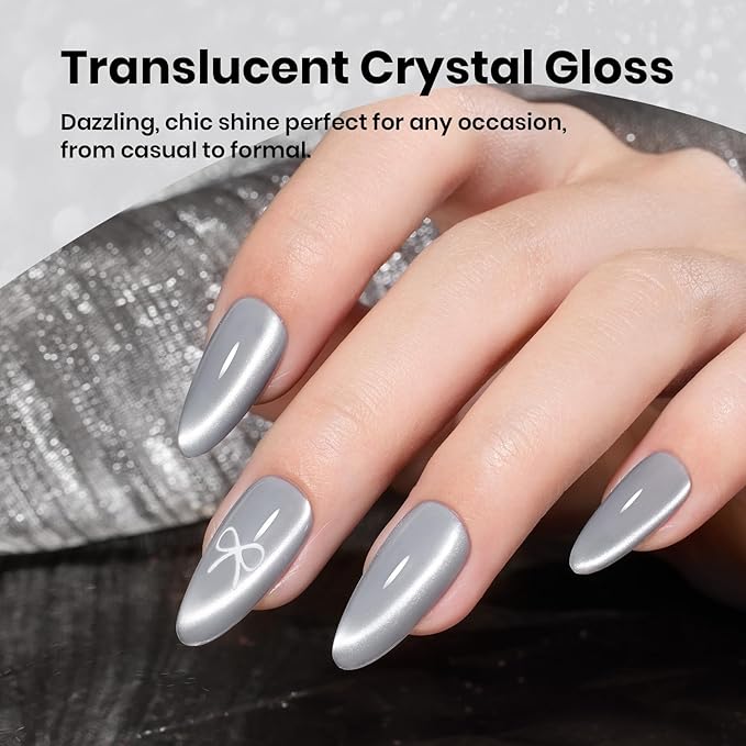 Beetles Gray Cat Eye Gel Nail Polish - 15ML Dark Gray Glass Cat Eye Glitter Gel Polish with Magnet Shimmer Sheer Soak Off UV Moonlit Dew Collection Nail Art Design Manicure Gifts for Women