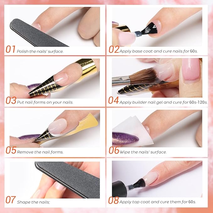Modelones Builder Nail Gel Kit - Clear Extension Kit Hard Gel for Nails 2oz Strengthen Acrylic Manicure Art Set with 100PCS Dual Forms and Dual-use Acrylic Brush Professional DIY at Home