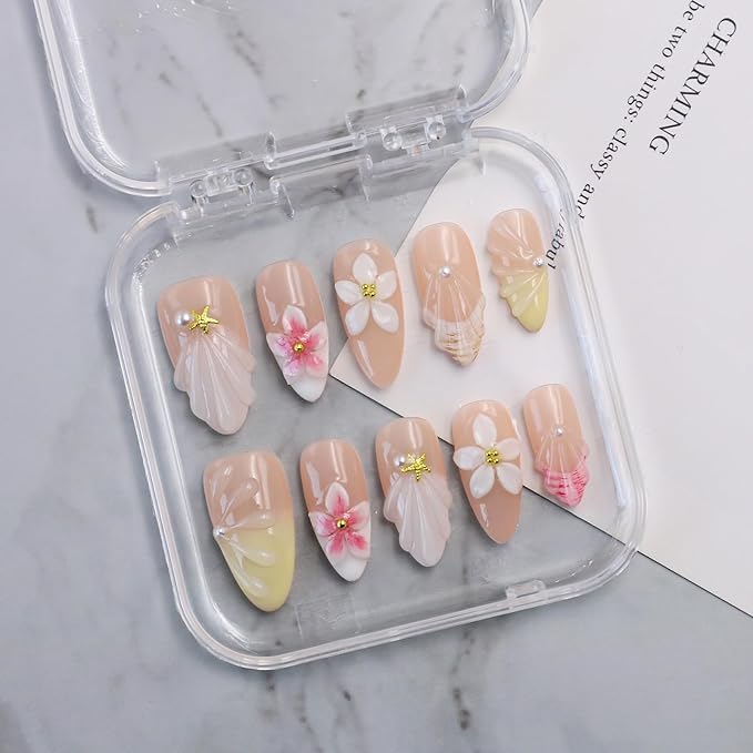 Handmade Flower Press on Nails French Tip Almond Medium False Nails with 3D White Flower & Water Ripple Art Designs Muti-Layer Gel Thick Artificial Acrylic Nails for Women (Size M)