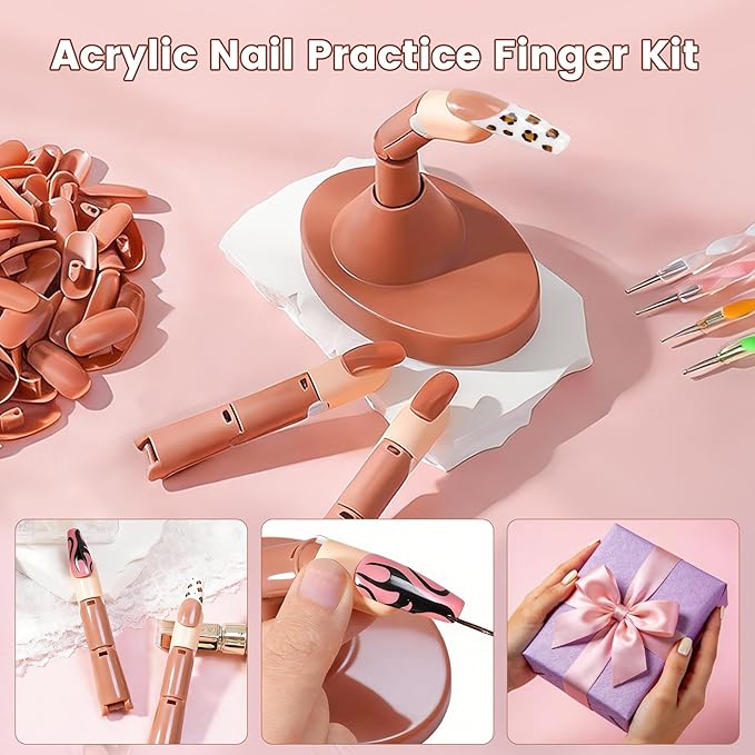 Practice Finger for Acrylic Nails, 3PCS Adjustable Nail Practice Hand Finger with Base Stand and 100PCS Brown Nail Tips, Practice Hand for Home Salon DIY Beginner(Brown)